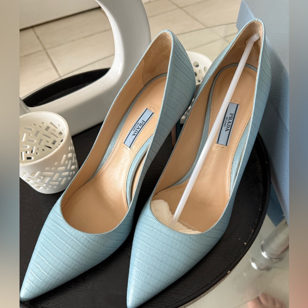 Prada Women's Sky Blue Croc-Embossed Heels